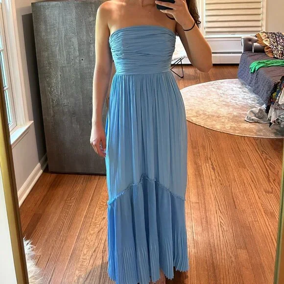 XS Ramy Brook Blue Two-Tone Pleated Flowy Strapless Maxi Dress - Picture 1 of 5